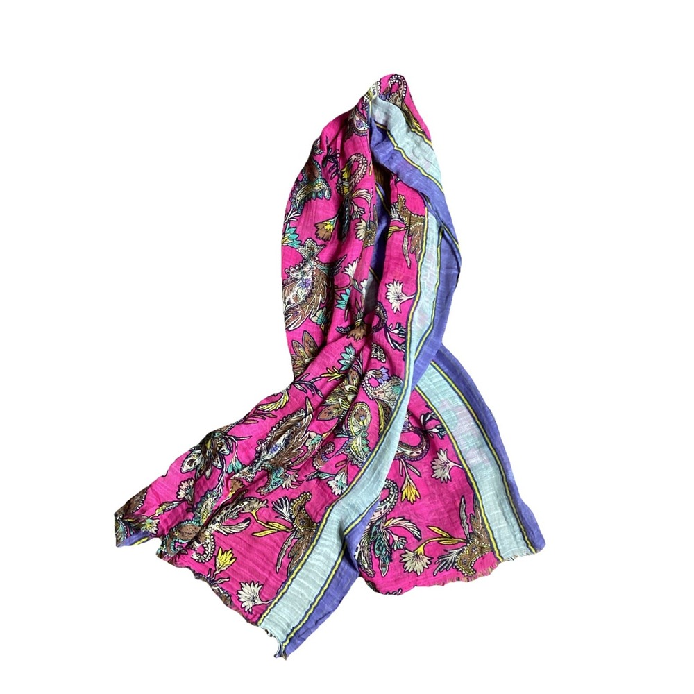 Ann Taylor LOFT Paisley Pink Scarf Lightweight Raw Hems Cotton  Boho 64"x24"